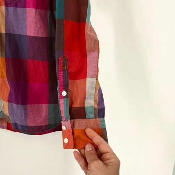 Broadway & Broome Plaid Colorful Spring Pink Blue Button Down Top Shirt Size XS - Picture 4 of 10